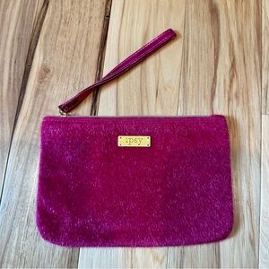 Ipsy Fuzzy Dark Pink Wristlet Bag Glittery Metallic Strands and a Metallic Strap